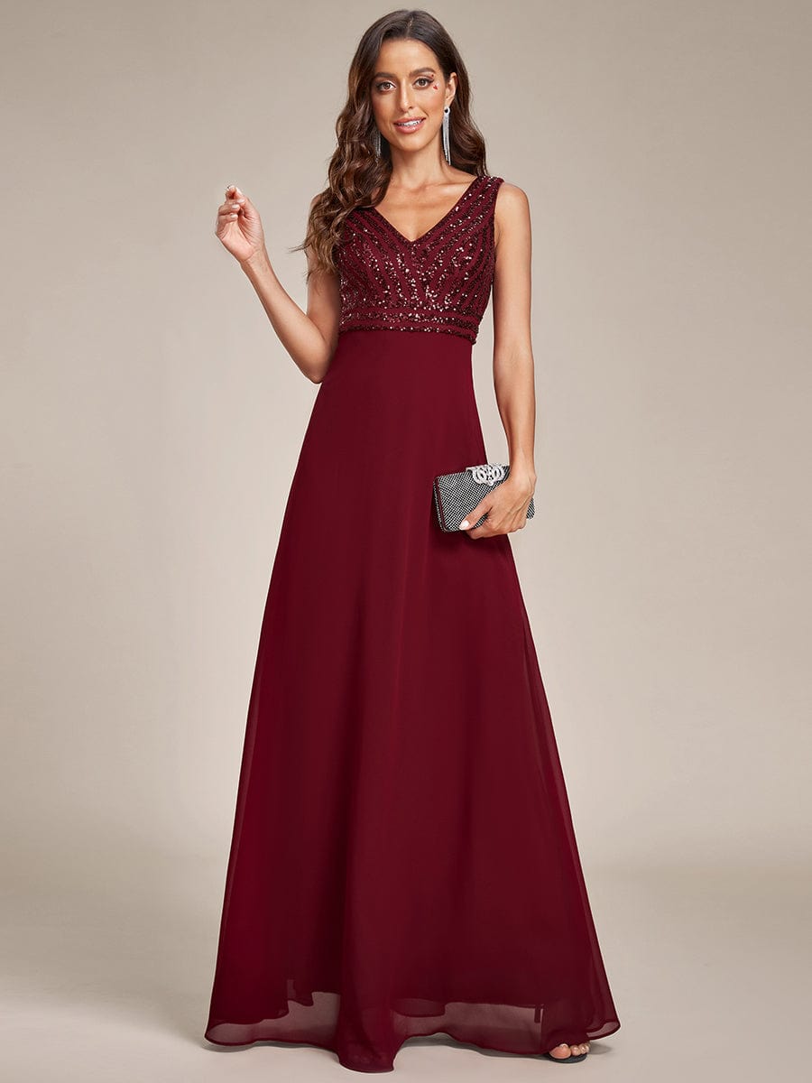 Shimmering Sequin Double V-Neck Sleeveless Formal Gown