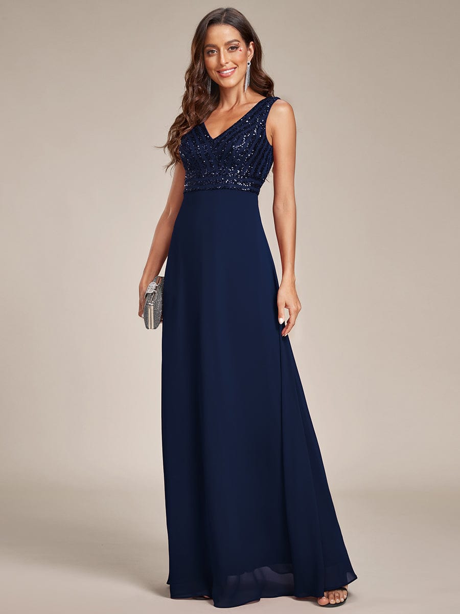 Shimmering Sequin Double V-Neck Sleeveless Formal Gown