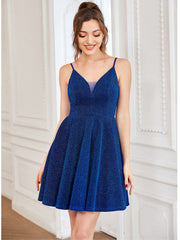 Shiny Deep V Neck Knee Length Prom Dress
