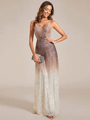 Gradient Sequin A-Line Spaghetti Strap V-Neck Evening Dress