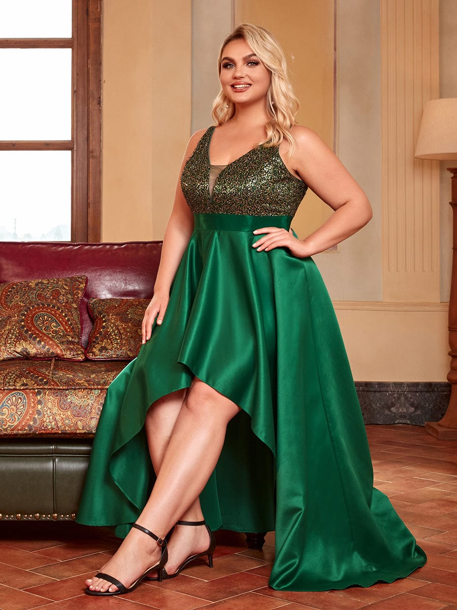 Elegant Sequin Embellished High Low Plus Size Evening Dress