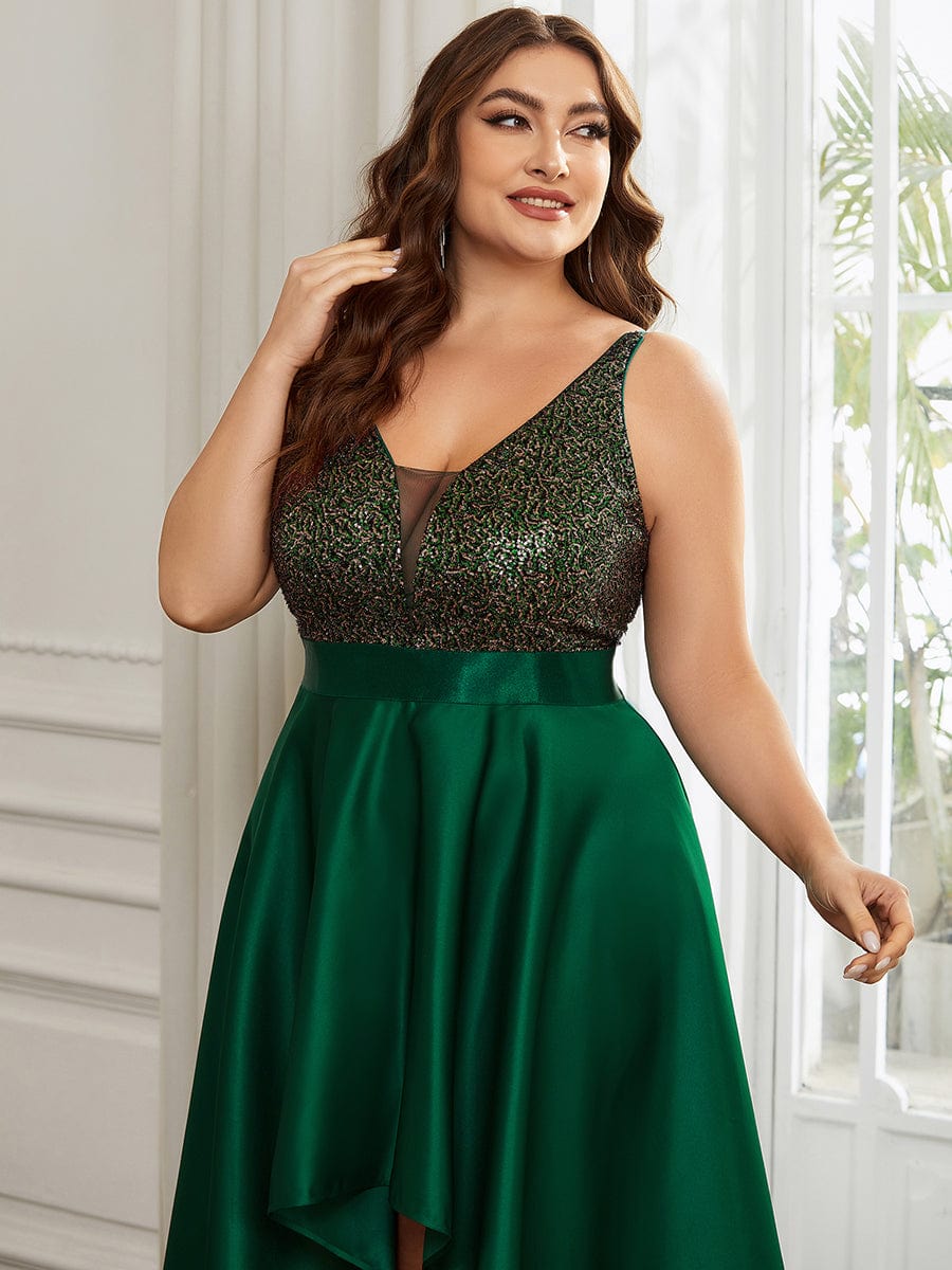 Elegant Sequin Embellished High Low Plus Size Evening Dress