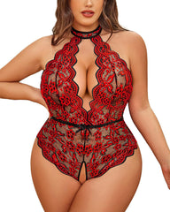 Plus Size Lace Teddy â€?Halter Crotchless Bodysuit for Curves