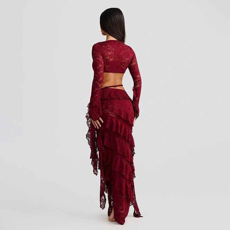 Lace Flare Sleeve Crop Top Ruffled High Low Maxi Skirt 2pcs Set