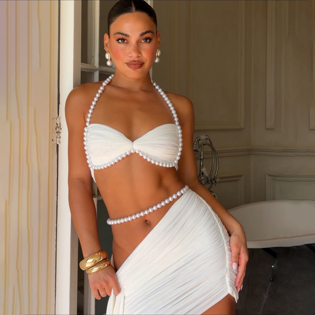 Sequin Cutout Ruched Bodycon Crochet Halter Mini Dresses OffWhite