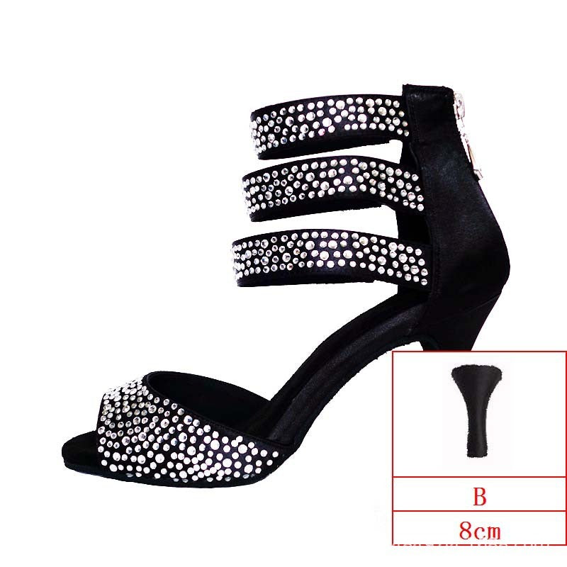 Women's Satin Black Rhinestone Customized Heels Dance Boots Salsa Dance Shoes