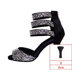 Women's Satin Black Rhinestone Customized Heels Dance Boots Salsa Dance Shoes