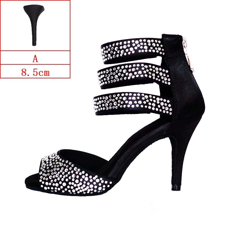 Women's Satin Black Rhinestone Customized Heels Dance Boots Salsa Dance Shoes