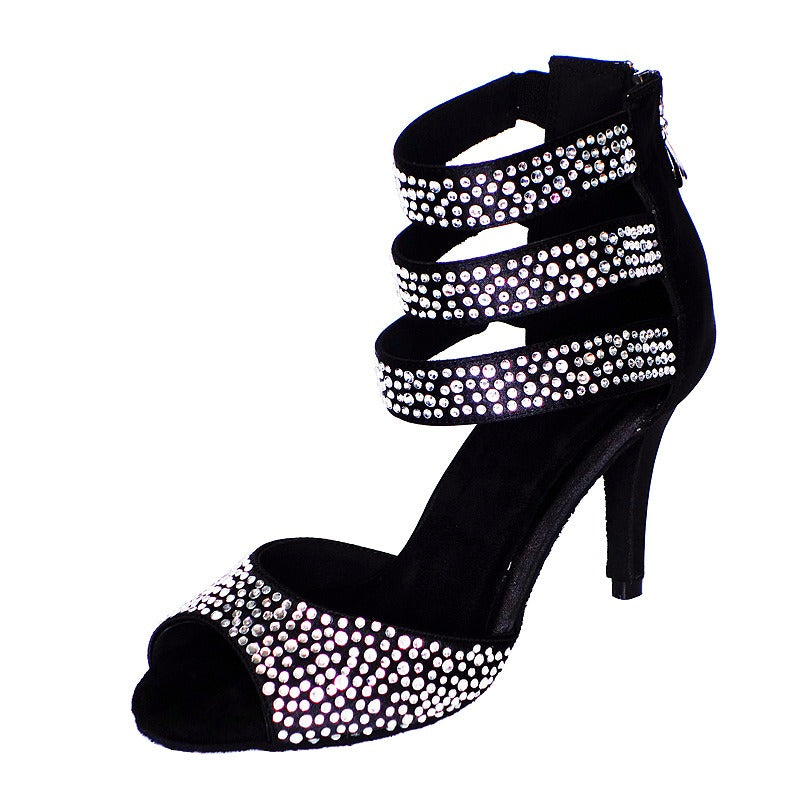 Women's Satin Black Rhinestone Customized Heels Dance Boots Salsa Dance Shoes
