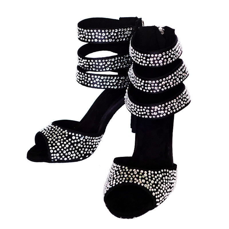 Women's Satin Black Rhinestone Customized Heels Dance Boots Salsa Dance Shoes