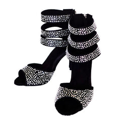 Women's Satin Black Rhinestone Customized Heels Dance Boots Salsa Dance Shoes