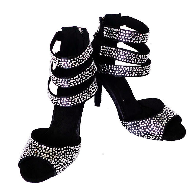Women's Satin Black Rhinestone Customized Heels Dance Boots Salsa Dance Shoes