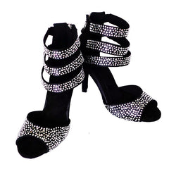 Women's Satin Black Rhinestone Customized Heels Dance Boots Salsa Dance Shoes