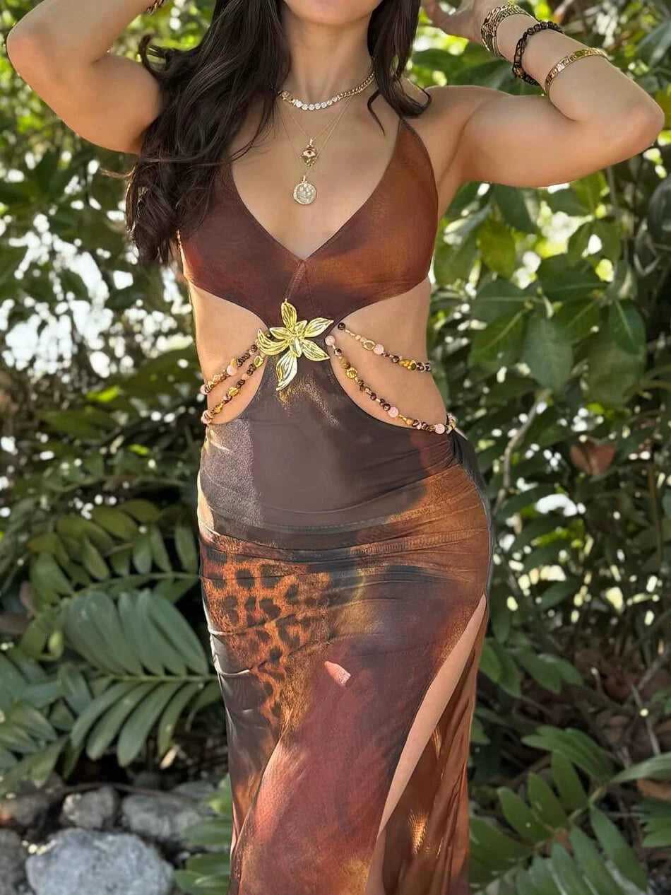 Cutout Long Sleeve Print High Slit Maxi Dresses-Orange Pre Order