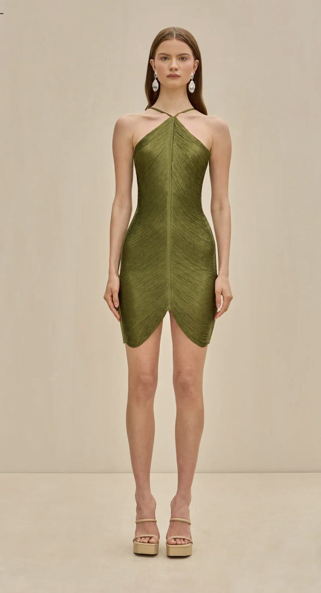 Halter Backless Velvet Patchwork Slim-Fit Mini Dresses-Green