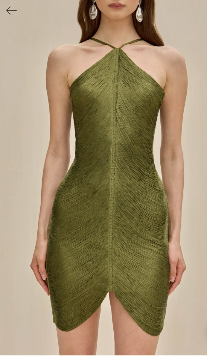 Halter Backless Velvet Patchwork Slim-Fit Mini Dresses-Green