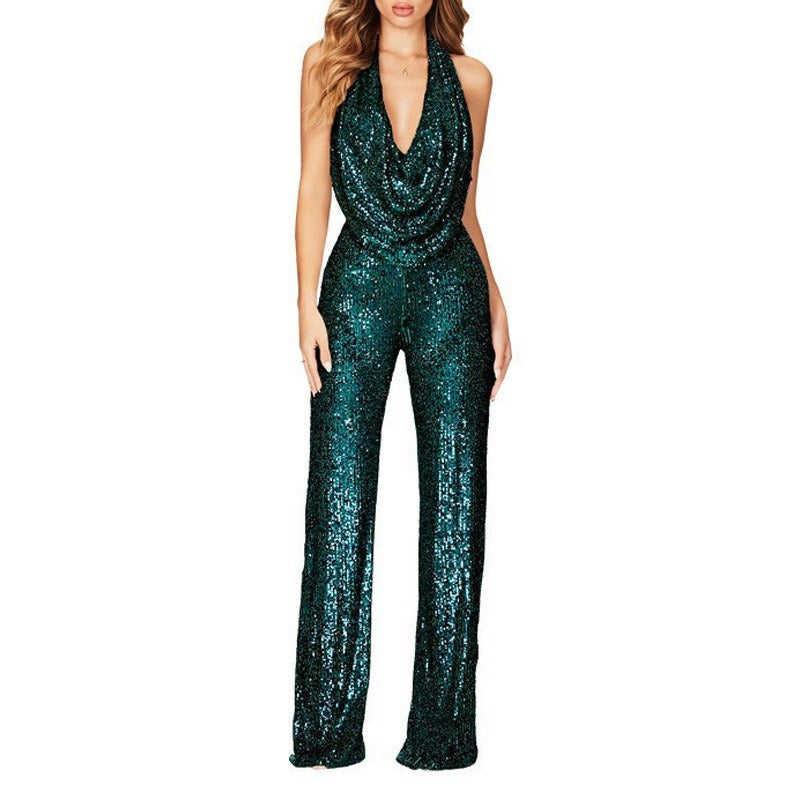 Halter V Neck Sequin Sash Top Bodycon Pants 2pcs Set-Black Pre Order