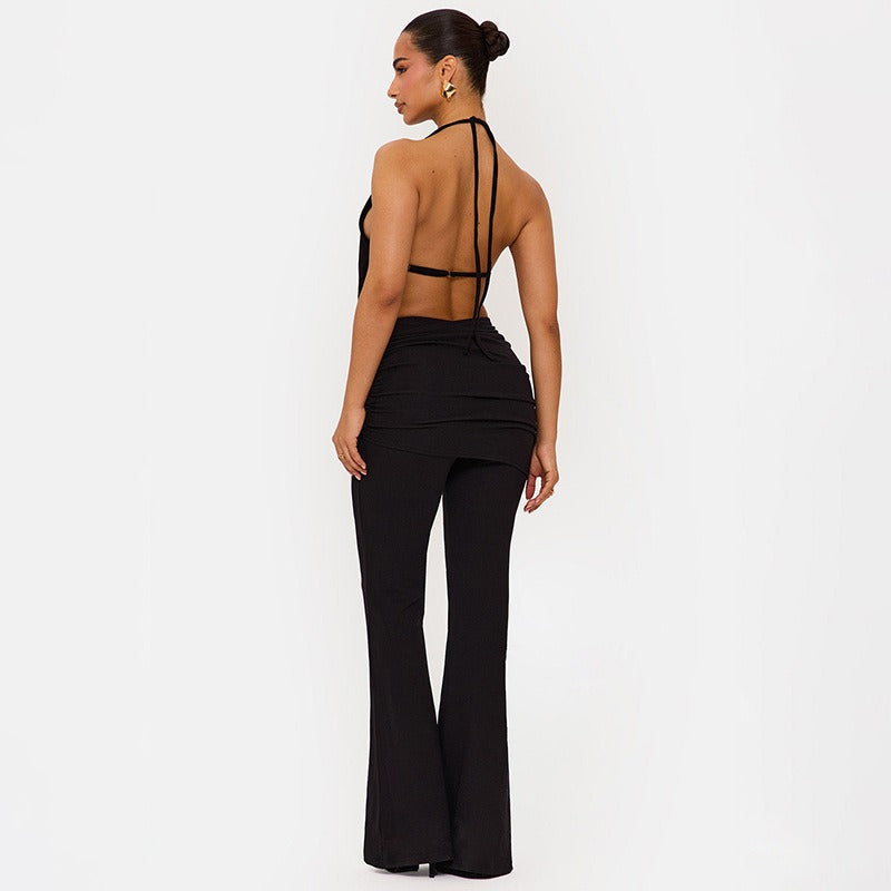 Halter Open Front Backless Top Cutout Pants 2pcs Set Black