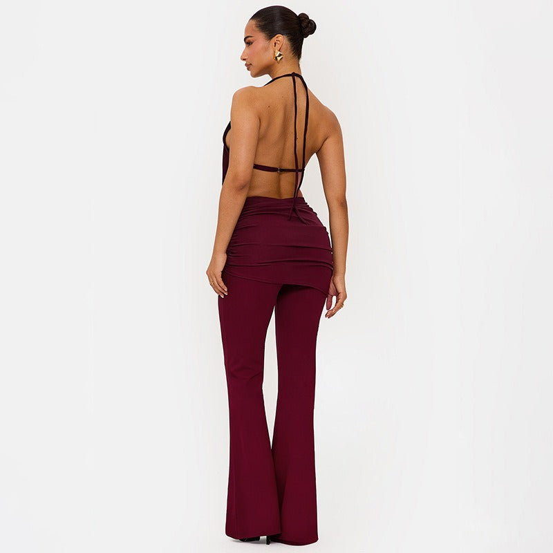 Halter Open Front Backless Top Cutout Pants 2pcs Set Black