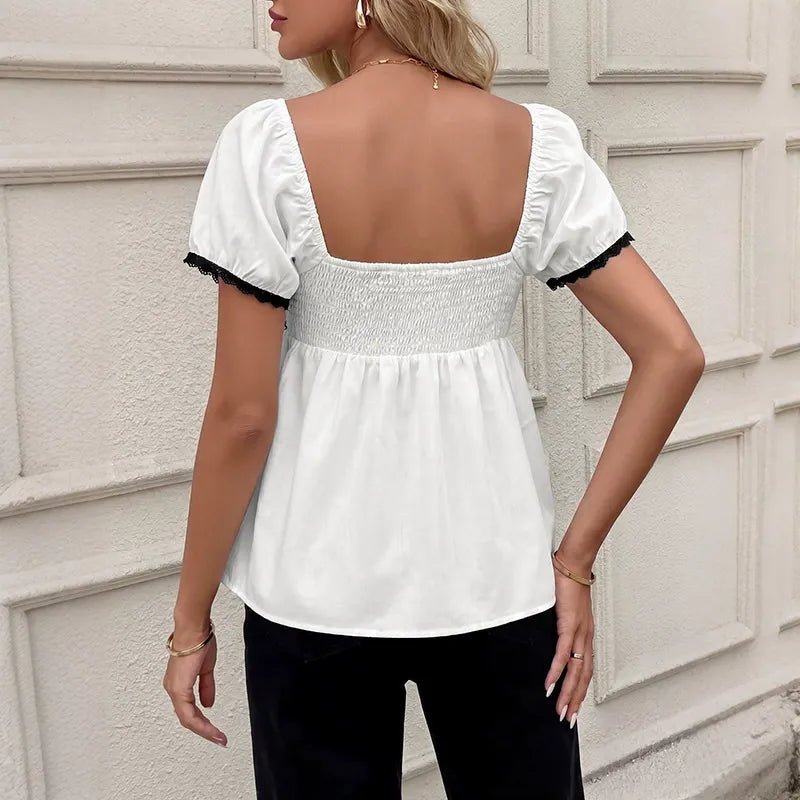Square-Neck Short-Sleeve Top With Lace Detailing