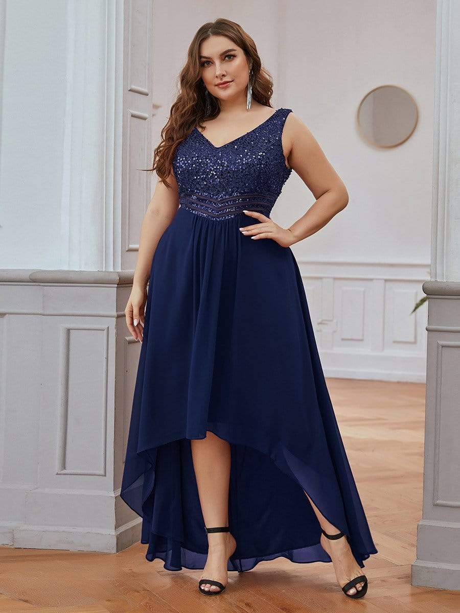 Sparkling Paillette & Chiffon V-neck A-line Sleeveless Plus Size Evening Gown