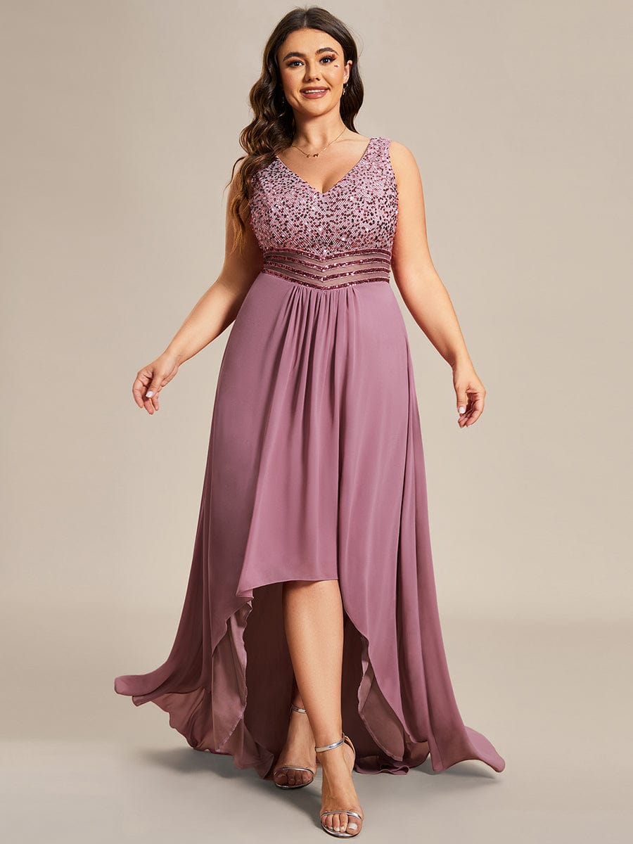 Sparkling Paillette & Chiffon V-neck A-line Sleeveless Plus Size Evening Gown