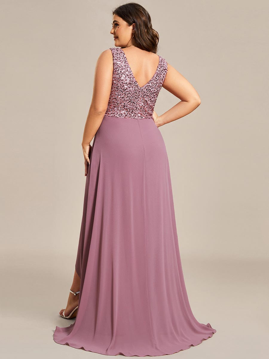 Sparkling Paillette & Chiffon V-neck A-line Sleeveless Plus Size Evening Gown