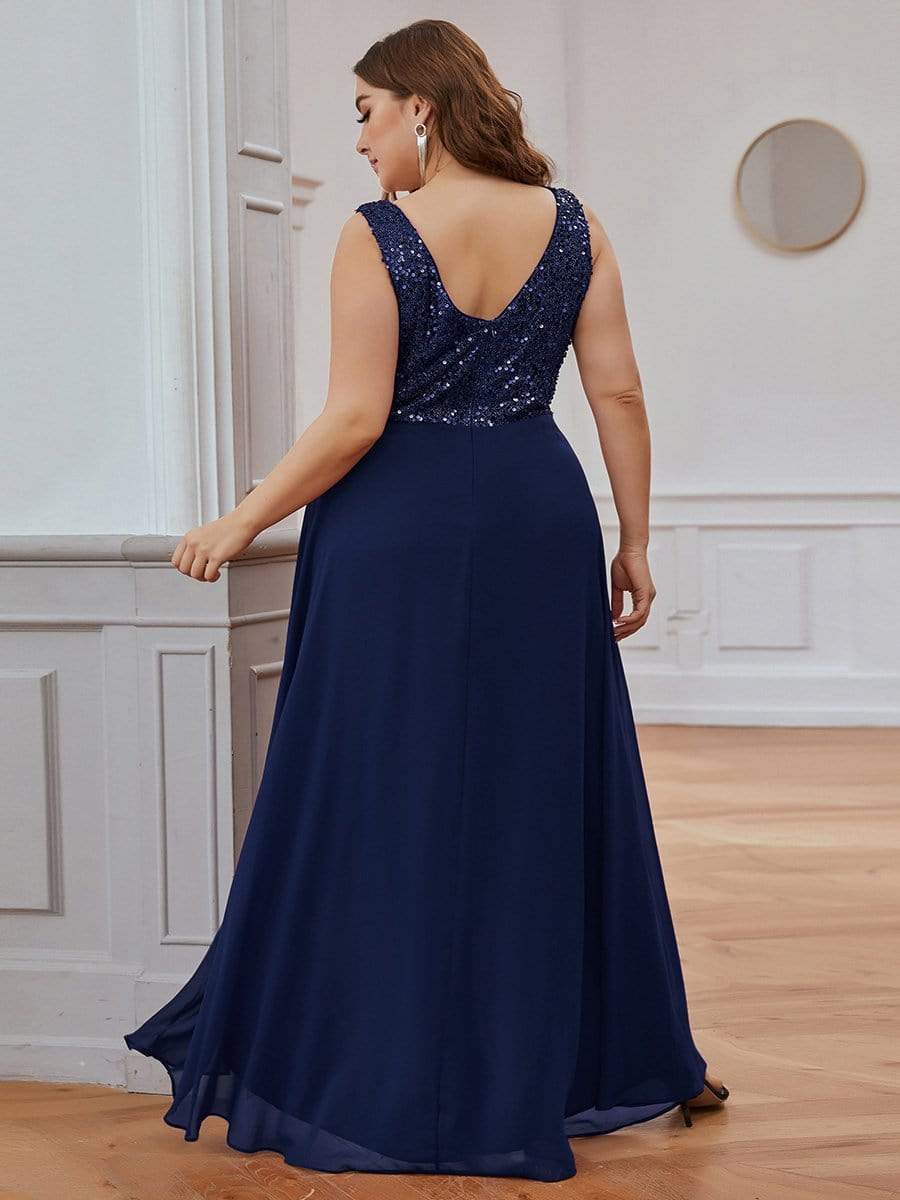Sparkling Paillette & Chiffon V-neck A-line Sleeveless Plus Size Evening Gown