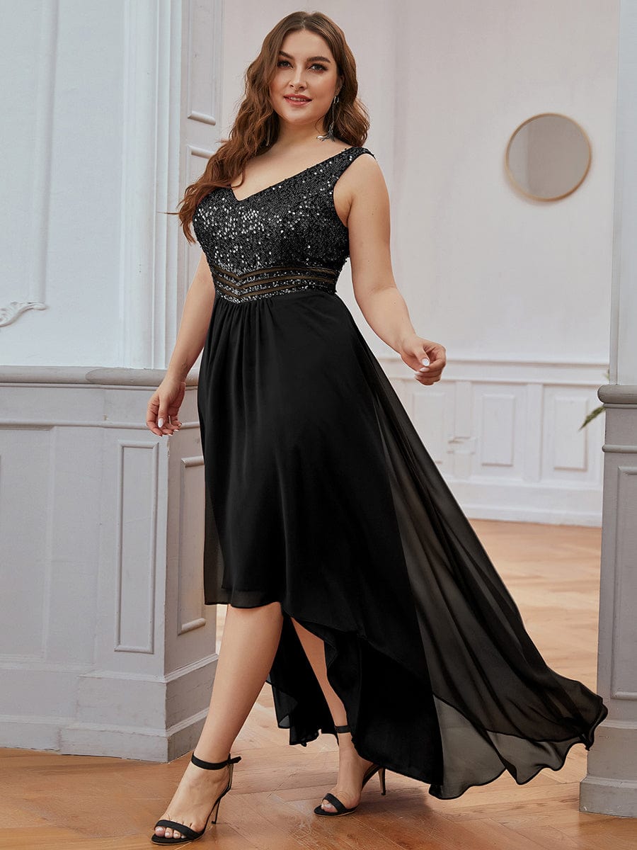 Sparkling Paillette & Chiffon V-neck A-line Sleeveless Plus Size Evening Gown
