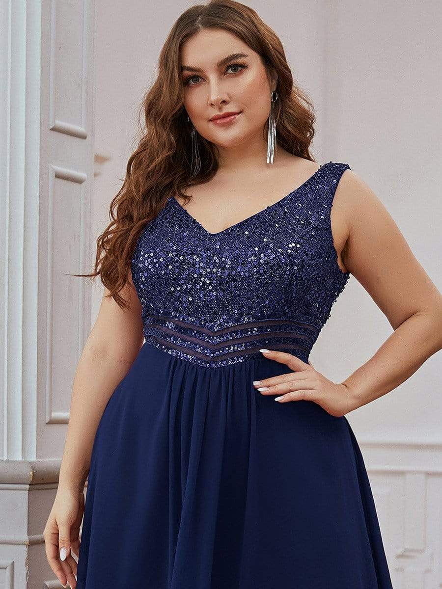Sparkling Paillette & Chiffon V-neck A-line Sleeveless Plus Size Evening Gown