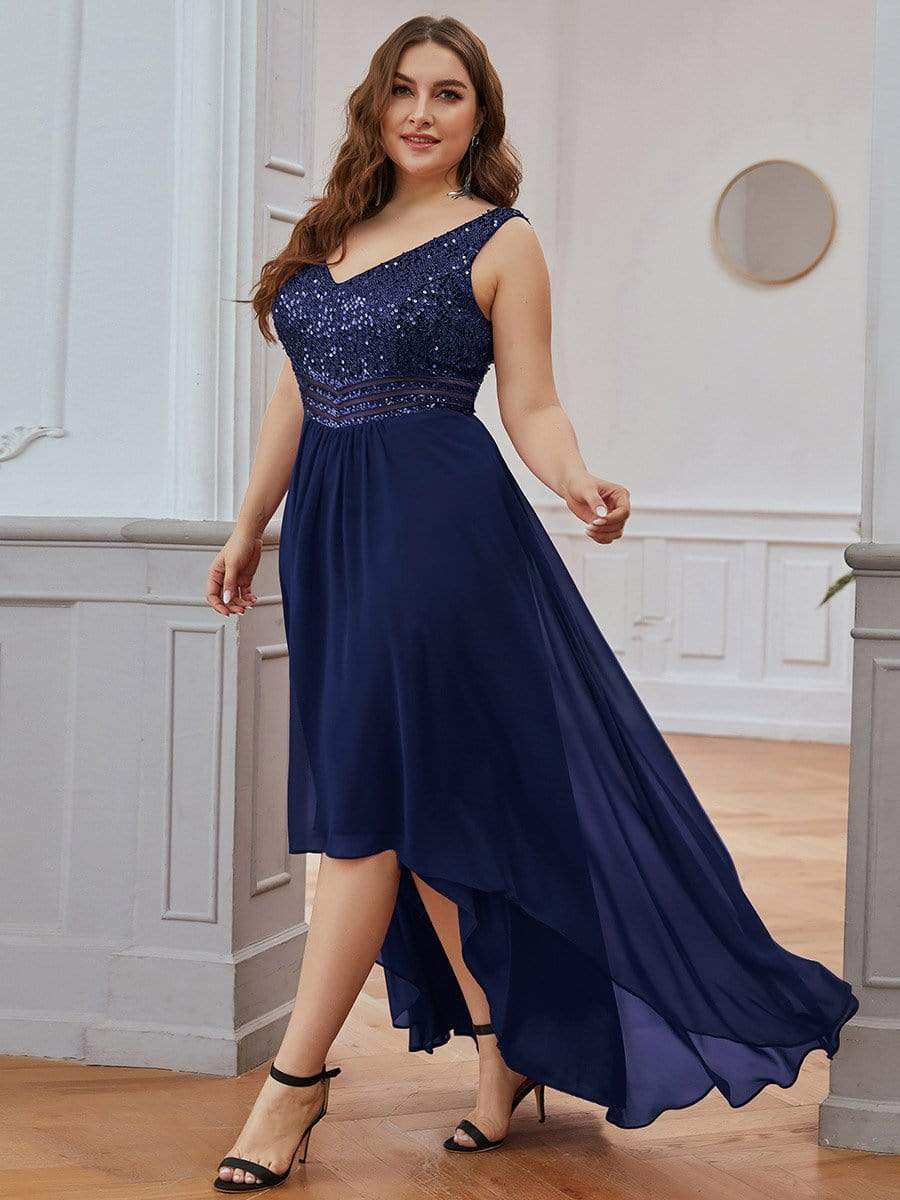 Sparkling Paillette & Chiffon V-neck A-line Sleeveless Plus Size Evening Gown