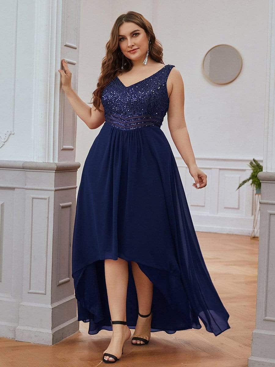 Sparkling Paillette & Chiffon V-neck A-line Sleeveless Plus Size Evening Gown