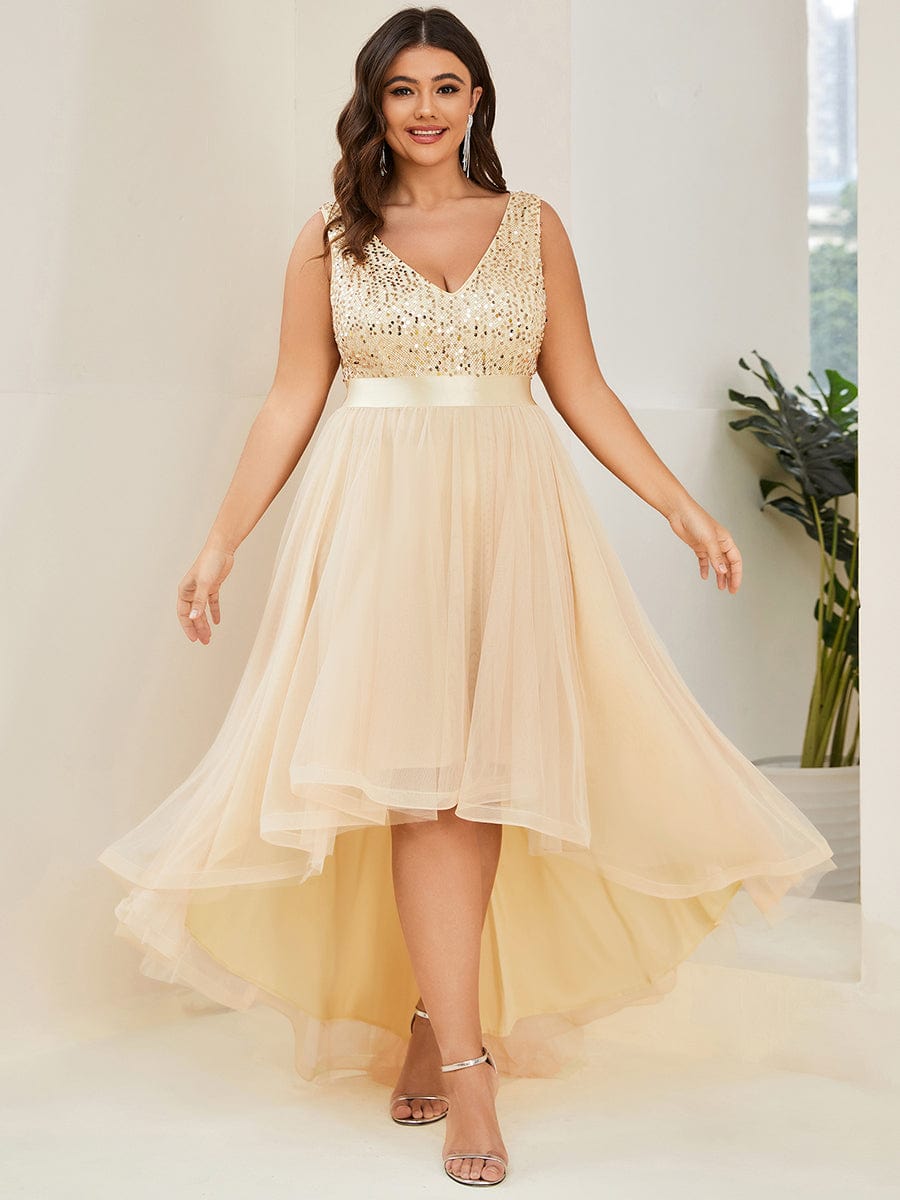 Sparkling Paillette & Chiffon V-neck A-line Sleeveless Plus Size Evening Gown