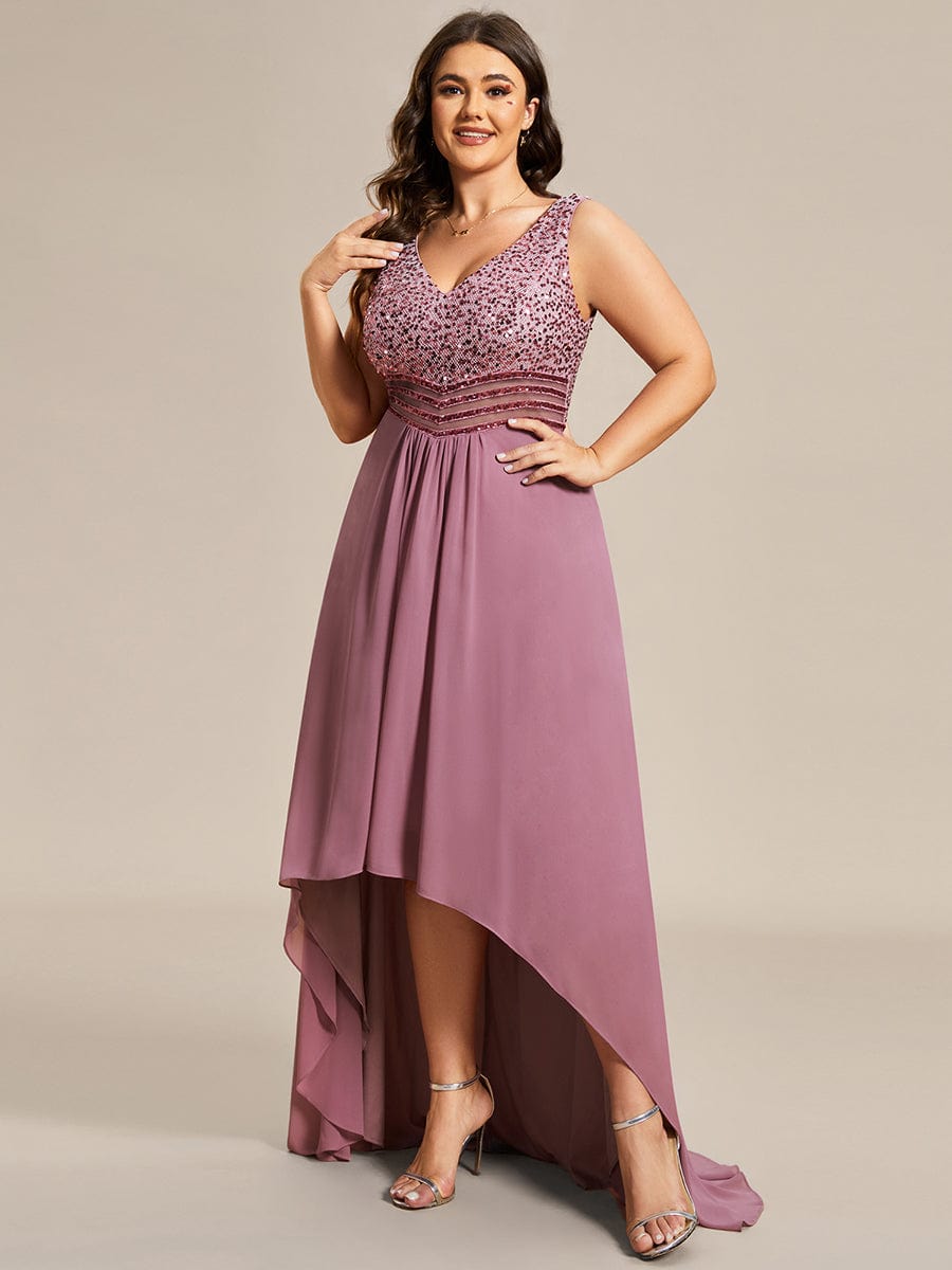 Sparkling Paillette & Chiffon V-neck A-line Sleeveless Plus Size Evening Gown