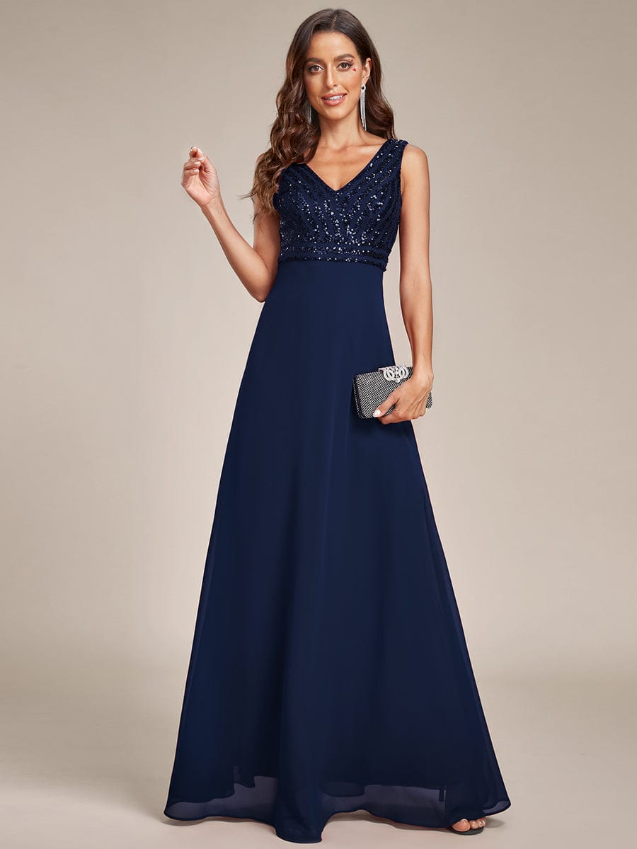 Shimmering Sequin Double V-Neck Sleeveless Formal Gown