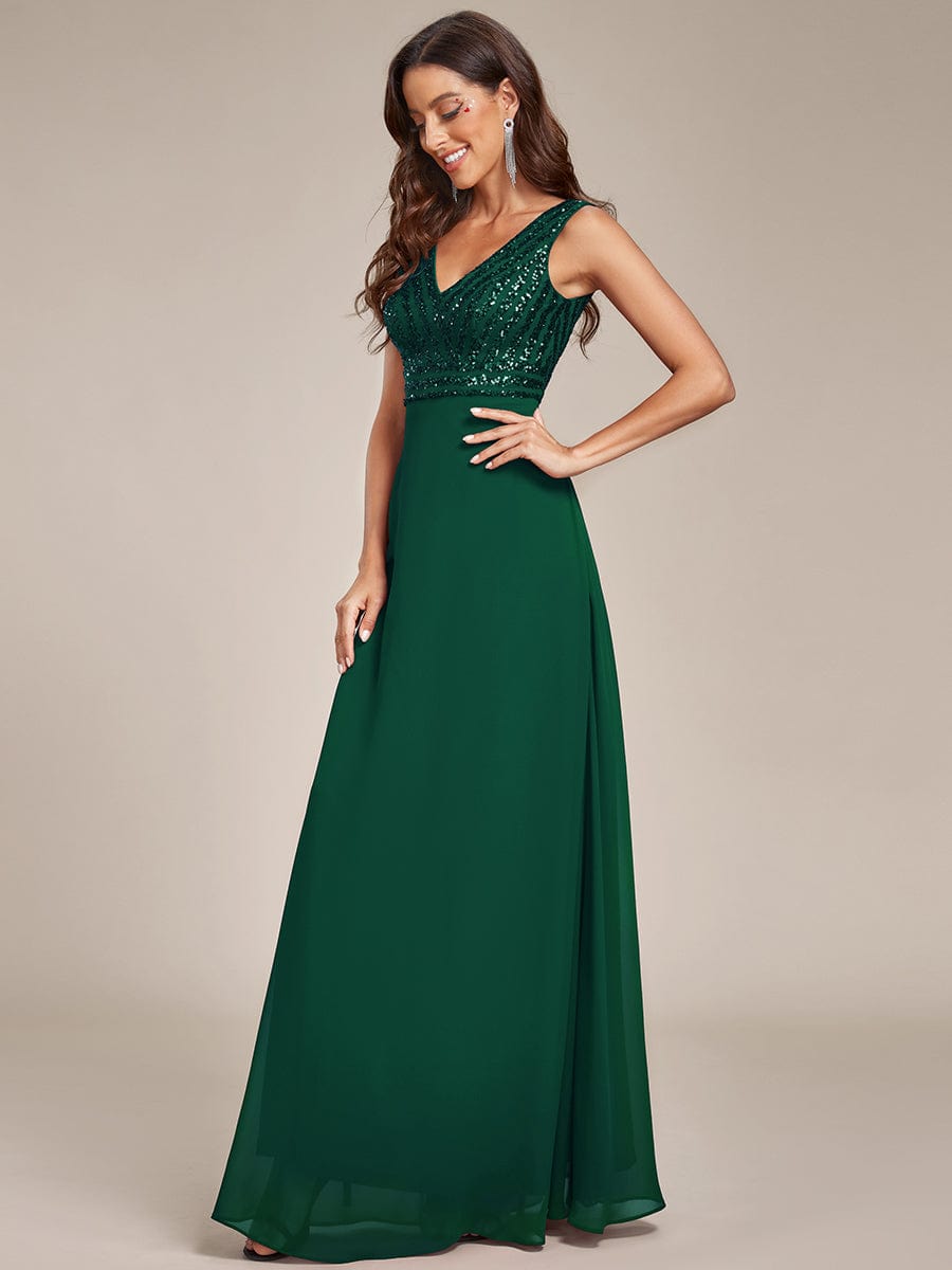 Shimmering Sequin Double V-Neck Sleeveless Formal Gown