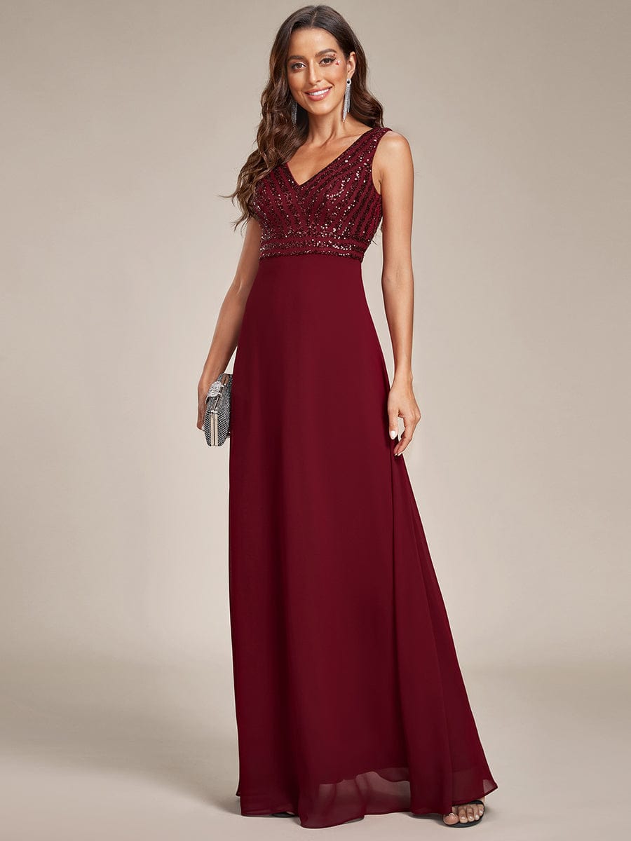 Shimmering Sequin Double V-Neck Sleeveless Formal Gown