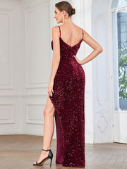 Spaghetti Strap Sequin Evening Gown with High Front Slit