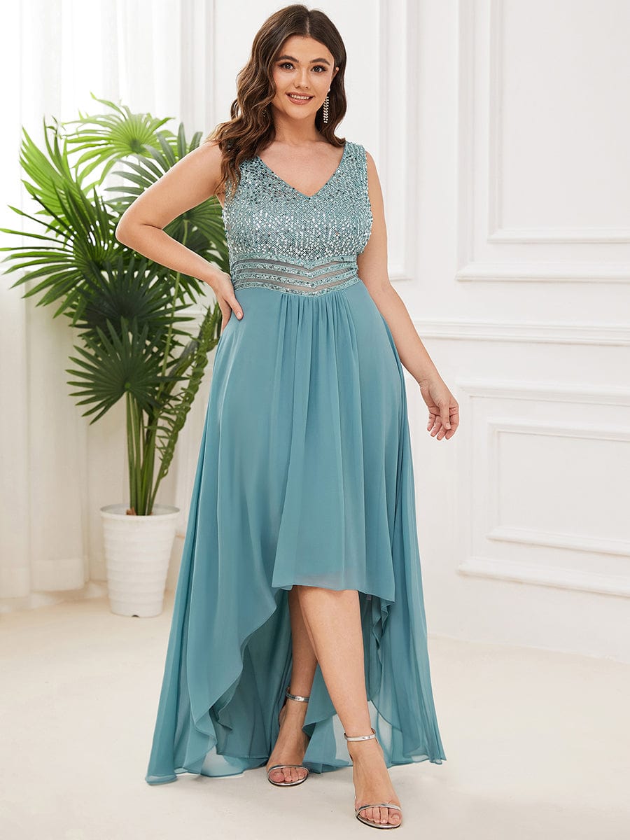 Sparkling Paillette & Chiffon V-neck A-line Sleeveless Plus Size Evening Gown