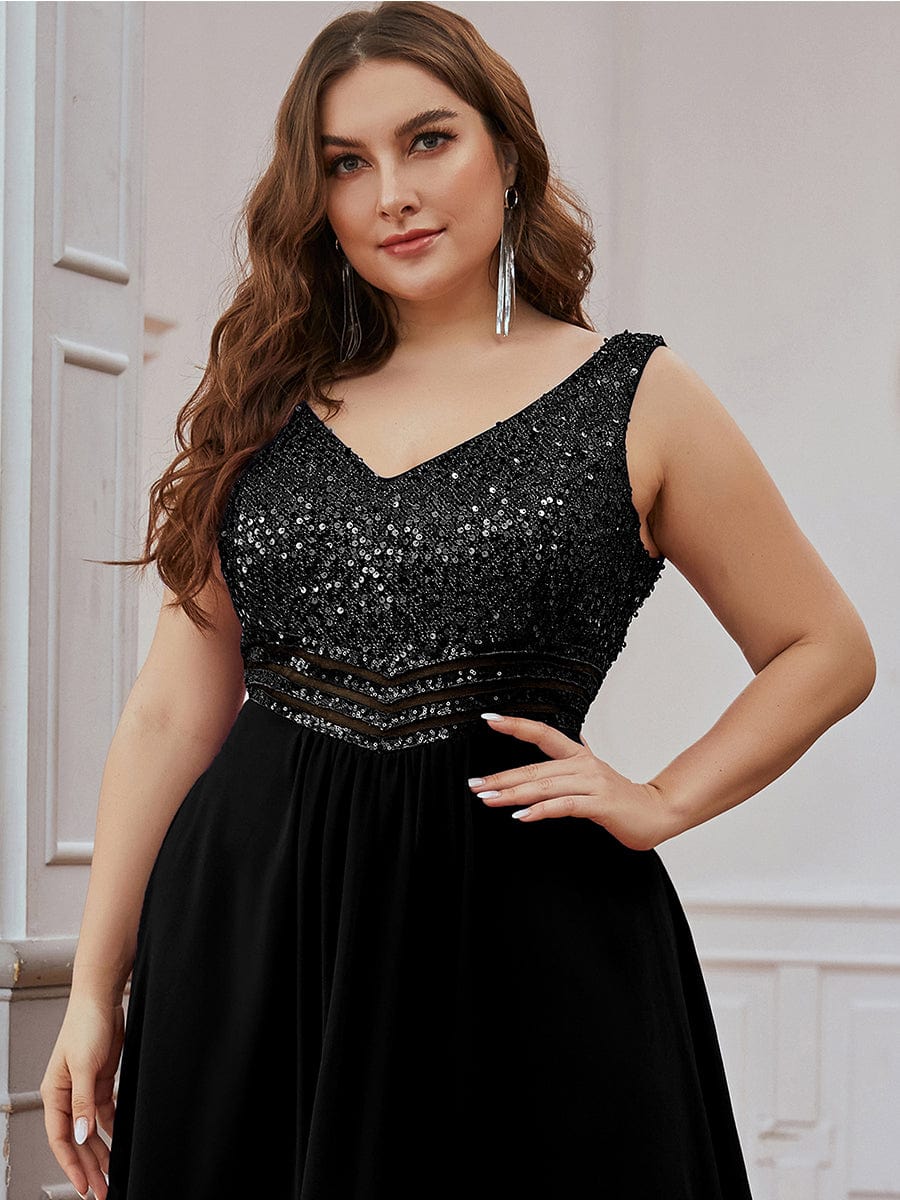 Sparkling Paillette & Chiffon V-neck A-line Sleeveless Plus Size Evening Gown