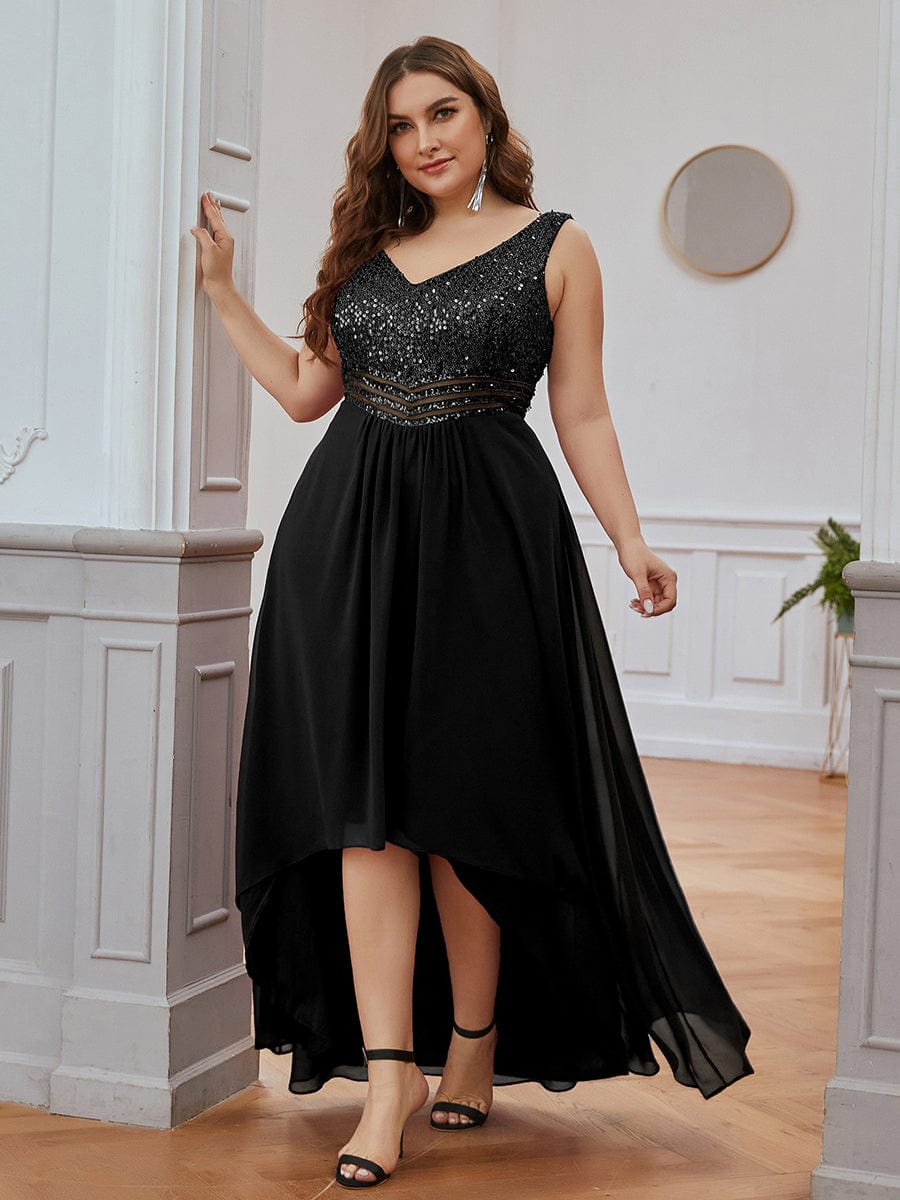 Sparkling Paillette & Chiffon V-neck A-line Sleeveless Plus Size Evening Gown