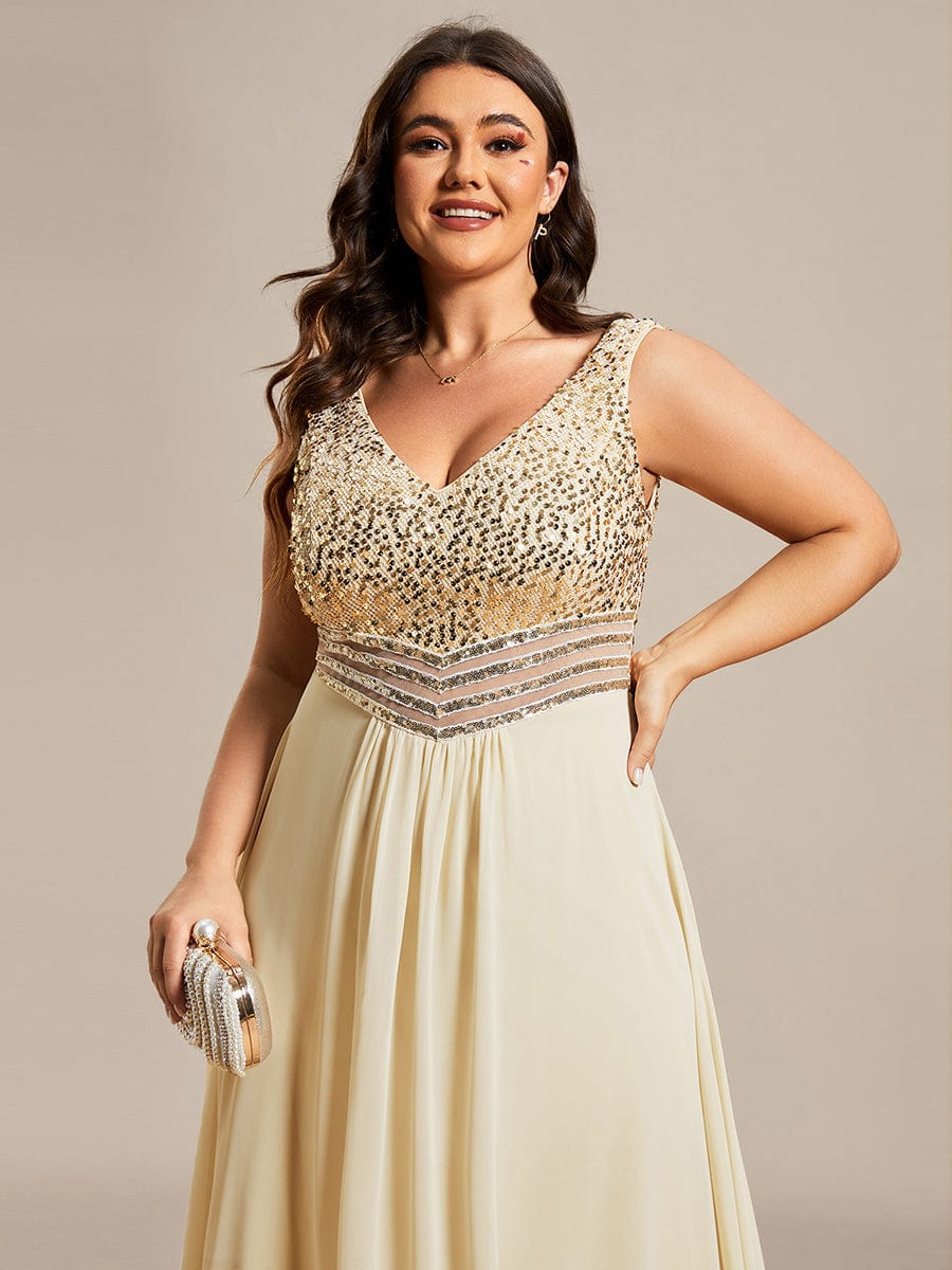 Sparkling Paillette & Chiffon V-neck A-line Sleeveless Plus Size Evening Gown