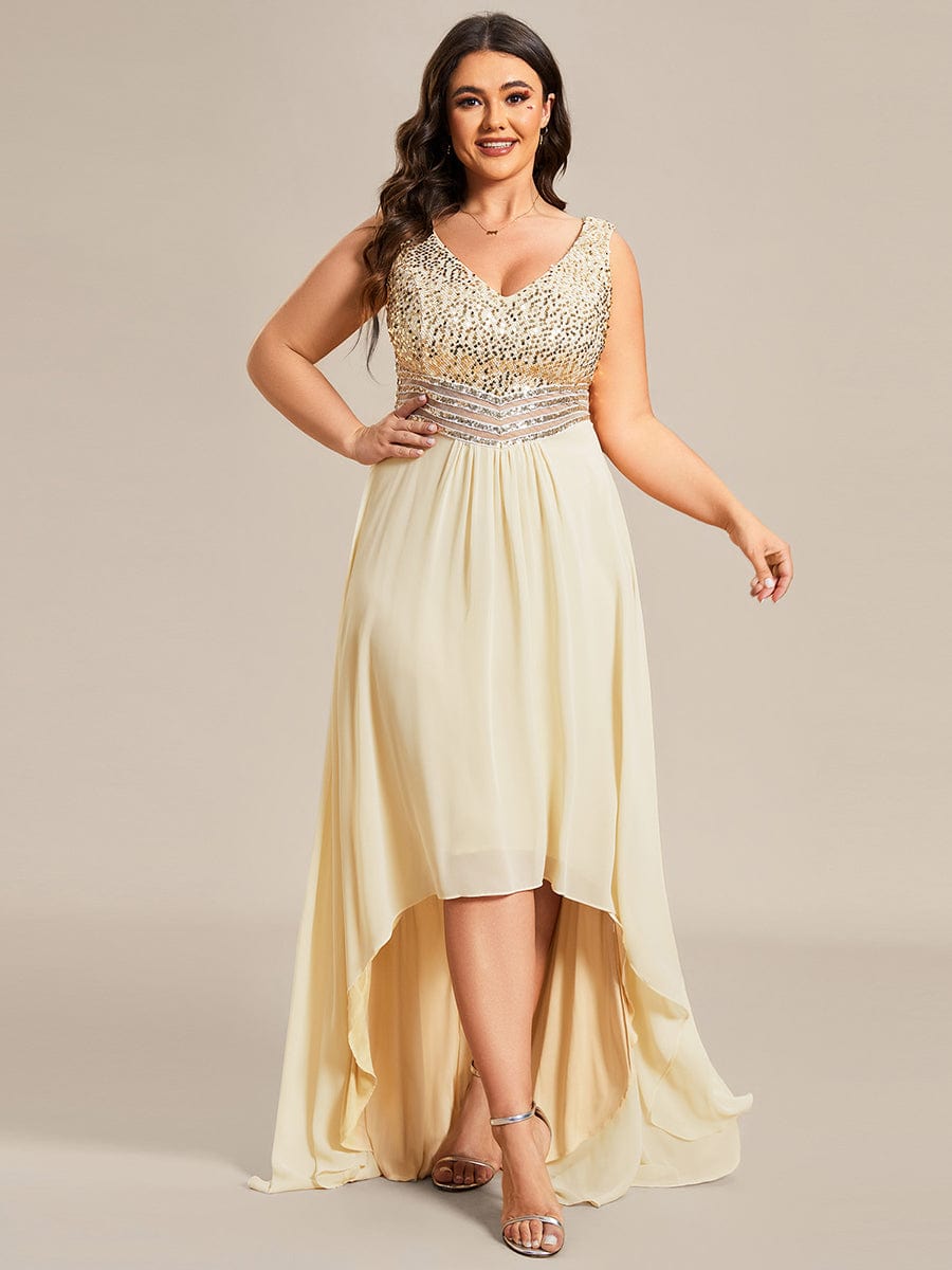 Sparkling Paillette & Chiffon V-neck A-line Sleeveless Plus Size Evening Gown