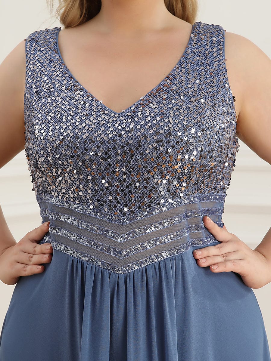 Sparkling Paillette & Chiffon V-neck A-line Sleeveless Plus Size Evening Gown