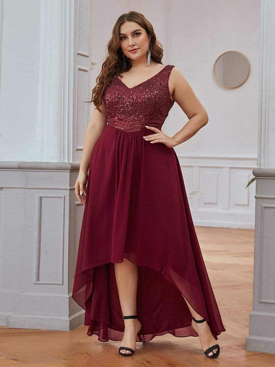 Sparkling Paillette & Chiffon V-neck A-line Sleeveless Plus Size Evening Gown