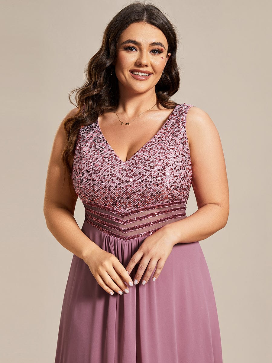 Sparkling Paillette & Chiffon V-neck A-line Sleeveless Plus Size Evening Gown