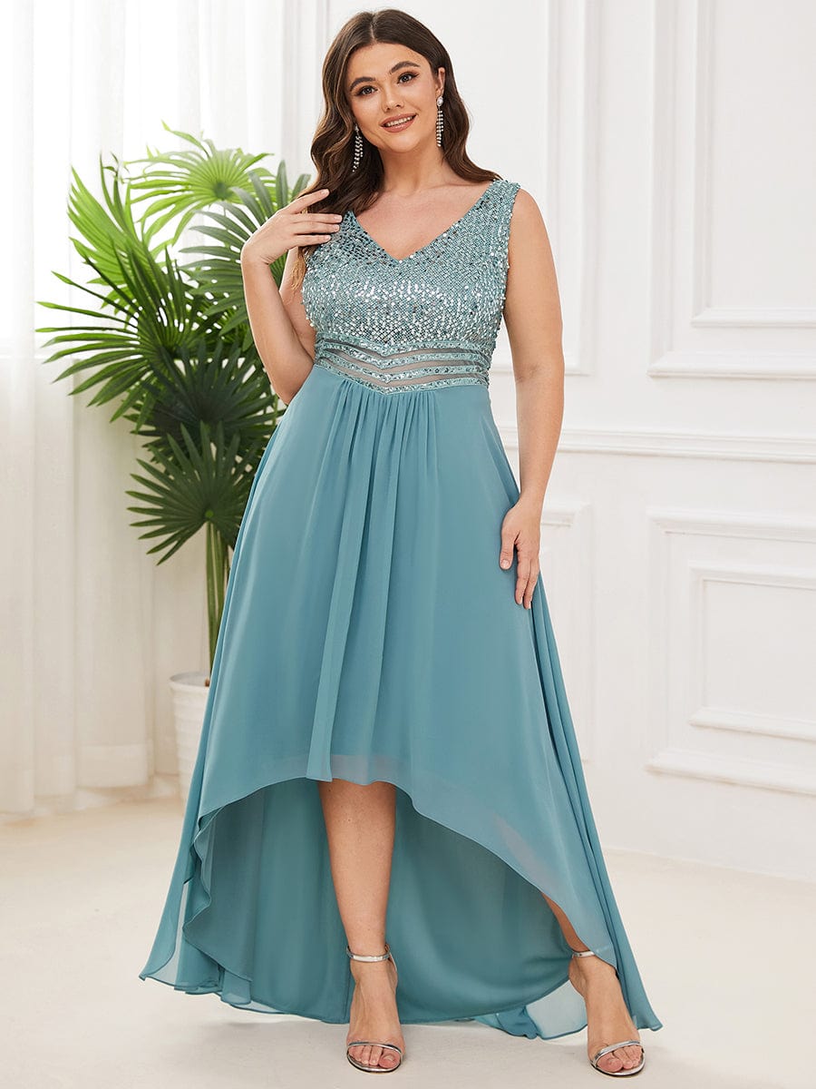 Sparkling Paillette & Chiffon V-neck A-line Sleeveless Plus Size Evening Gown
