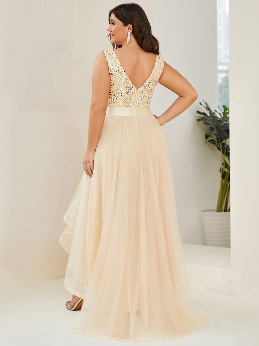 Sparkling Paillette & Chiffon V-neck A-line Sleeveless Plus Size Evening Gown