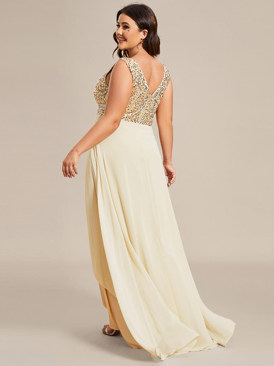 Sparkling Paillette & Chiffon V-neck A-line Sleeveless Plus Size Evening Gown