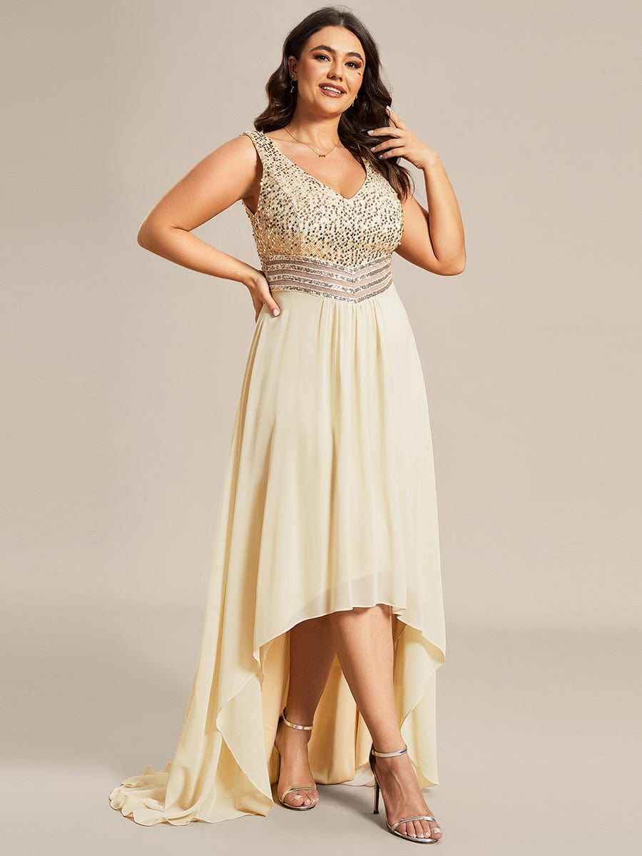 Sparkling Paillette & Chiffon V-neck A-line Sleeveless Plus Size Evening Gown